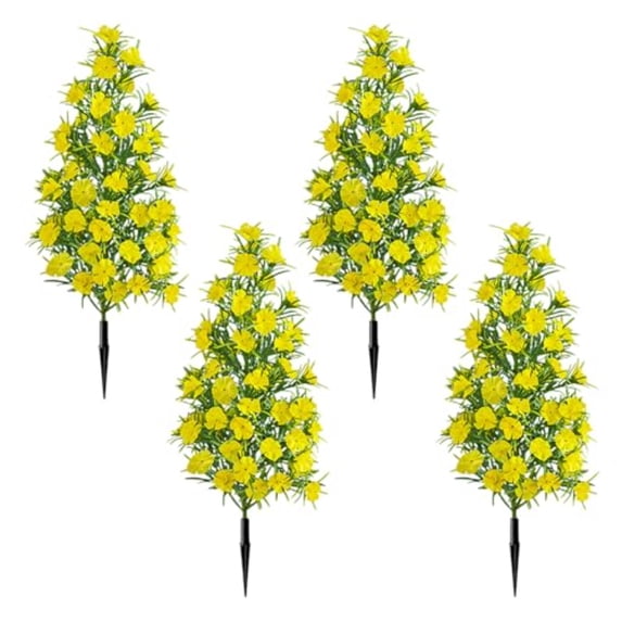 4 Pack 19.7 x 8.7 Inch Artificial Pruned Trees with Ground Stakes, UV-Resistant Outdoor Shrubs for Patio, Garden, Porch, Indoor Outdoor Decor (Yellow)