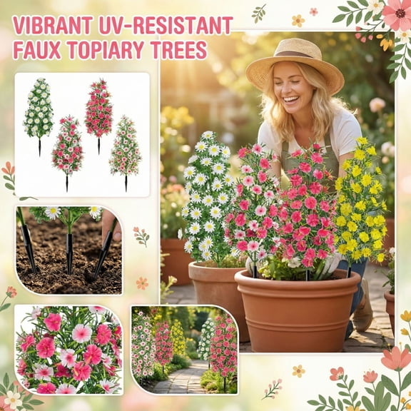 4 Pack 19.7 x 8.7 Inch Artificial Pruned Trees with Ground Stakes, UV-Resistant Outdoor Shrubs for Patio, Garden, Porch, Indoor Outdoor Decor (Green)