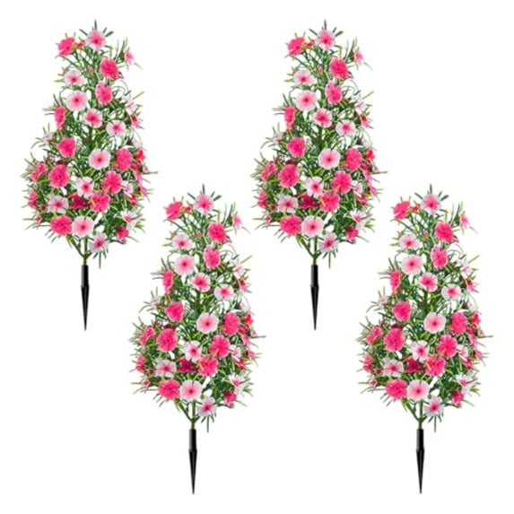 4 Pack 19.7 x 8.7 Inch Artificial Pruned Trees with Ground Stakes, UV-Resistant Outdoor Shrubs for Patio, Garden, Porch, Indoor Outdoor Decor (Pink)