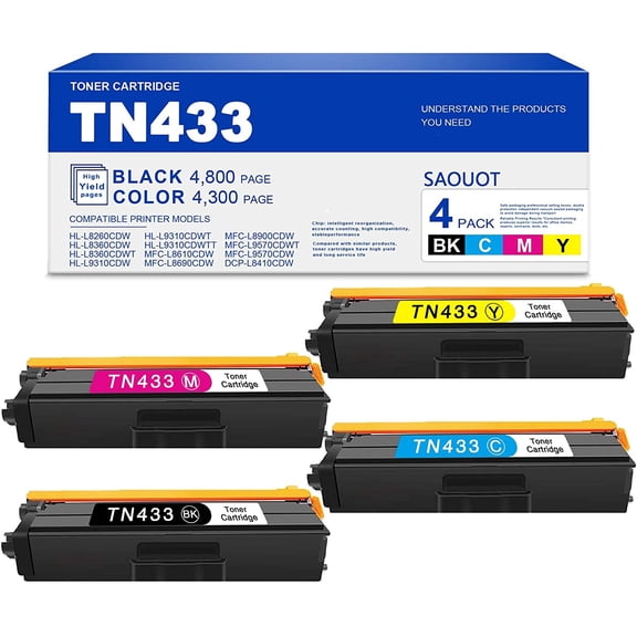 [4-Pack, 1BK+1C+1M+1Y] Compatible TN433TN-433 HighYield TonerCartridgeReplacement for Brother HL-L8260CDW Printer
