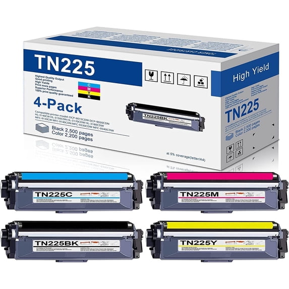 4-Pack(1BK+1C+1M+1Y) TN225 Toner Cartridge Compatible for Brother TN 225 TN-225 MFC-9130CW HL-3140CW HL-3170CDW HL-3180CDW MFC-9330CDW MFC-9340CDW Color Printer