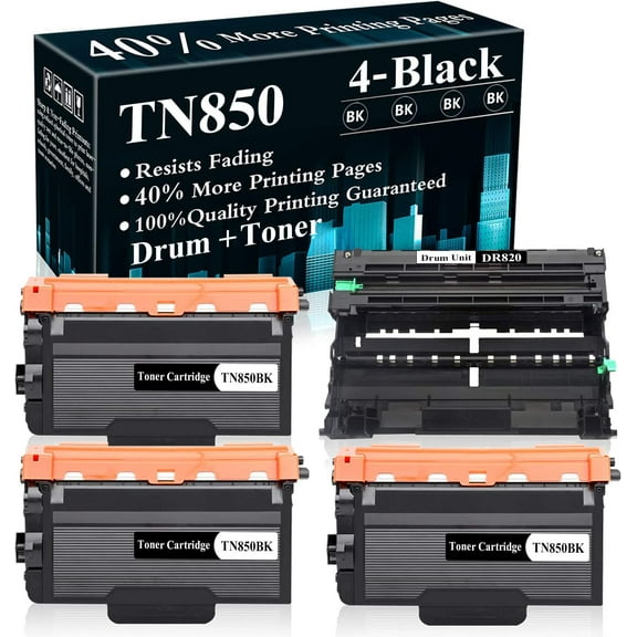 4 Pack (1Drum+3BK) DR820 Drum Unit TN850 Toner Cartridge Replacement for Brother DCP-L5500DN L5600DN L6700DW L6750DW L5700DW L5900DW L6800DW L6200DW L6250DW L5000D L5200DW Printer