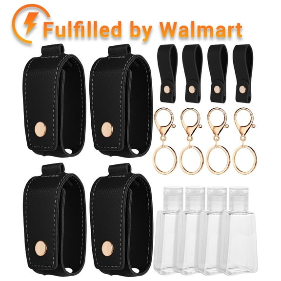 4 Pack 1oz/30ml Hand Sanitizer Travel Size, Empty Bottles Leather Sanitizer Holder with Keychain Portable Small Squeeze Bottle Refillable Container for Toiletry Lotion Liquid Soap Shampoo Black