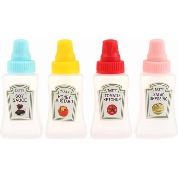 4 Pack 1oz Mini Squeeze Sauce Bottles, Multicolor Lids Portable Condiment Containers for Ketchup, Salad Dressing, Honey, Bento Lunch & Travel