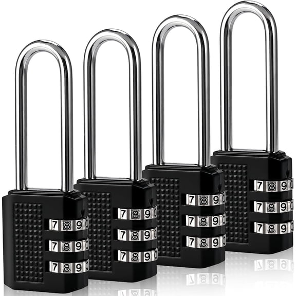 4 Pack 2.2 in Long Shackle Small Combination Locker Lock, Padlock Combination with 3 Digit Codes, Resettable Luggage Locks, Combo Gym Locker Suitcase Gate Pad Lock (Black)
