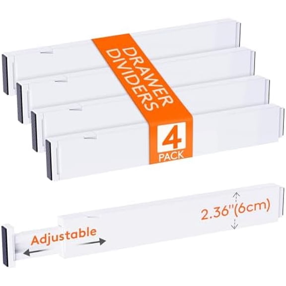 4 Pack 2.36" High Drawer Dividers 40-56cm/16-22 Adjustable Drawer Organizer for Clothes/Utensils, Expandable Drawer Separator in Dresser/Kitchen/Bedroom/Office Organization & Storage White
