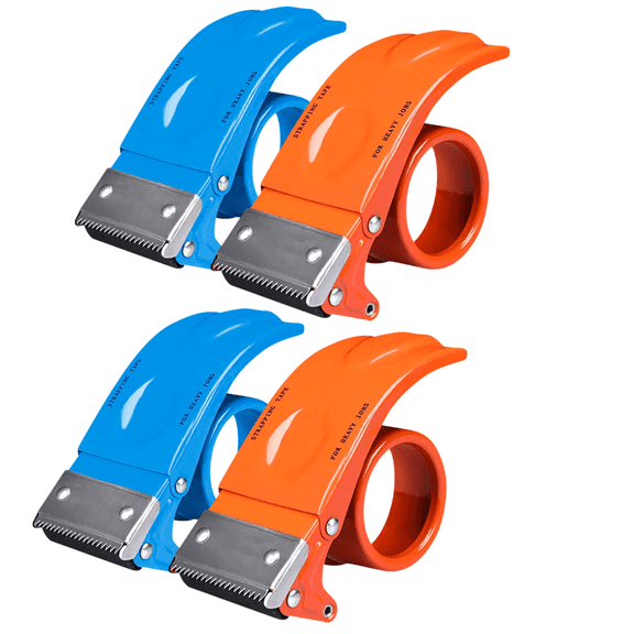 4 Pack 2 Inch Wide Shipping Packing Tape Dispenser, Heavy Duty Metal Packing Tape Gun, Handheld Tape Cutter for Moving Mailing Carton Box Sealing Transportation (Orange & Blue)