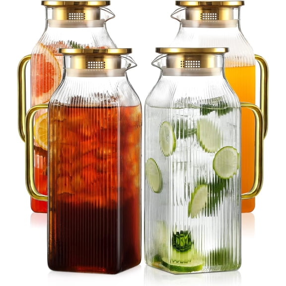 4 Pack 2 Liter/68 oz Square Glass Pitcher with Lid, Classic Stripes Water Pitchers Handle for Frid, Lar Jug Iced Tea, Coffee, Borosilicate Carafe Hot/Cold Brew Drink, Gold