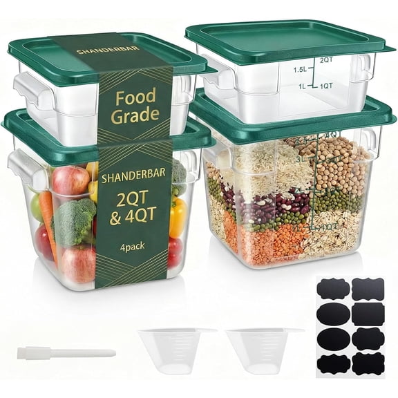 4 Pack 2 Quart and 4 Quart Clear Square Food Storage Containers with Green Lids Handles and Measurement Scale