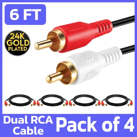 4 Pack 2-Rca To 2-Rca Male Cord 6Ft Stereo Audio Coaxial Cable L/R Gold Plated