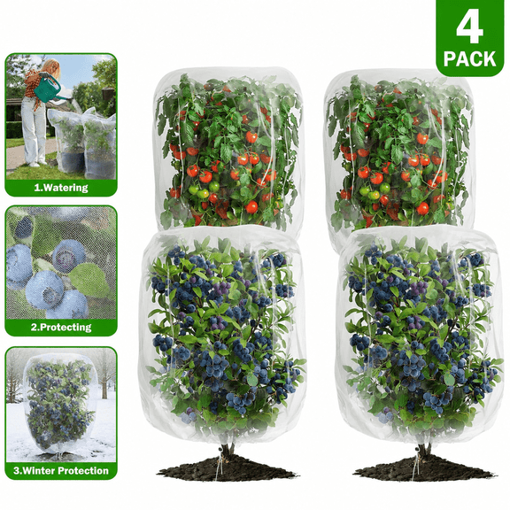 4 Pack 2 Size Garden Mesh Netting Bags, Drawstring Insect Bird Pest Barrier, Breathable Plant Cover for Vegetables, Tomato, Blueberry Bush, Fruit Tree Outdoor Protection