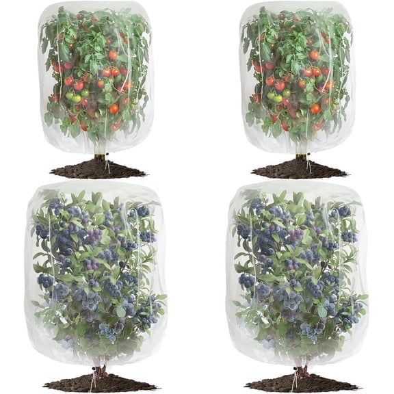 4 Pack 2 Size Garden Mesh Netting for Plants, 2.6x3.3ft-3.3x4.9ft Insect Bird Netting Pest Barrier Bag with Drawstring, Fruits Tree, Blueberry Bush, Netting Cover Bag Protection for Vegetables Tomato
