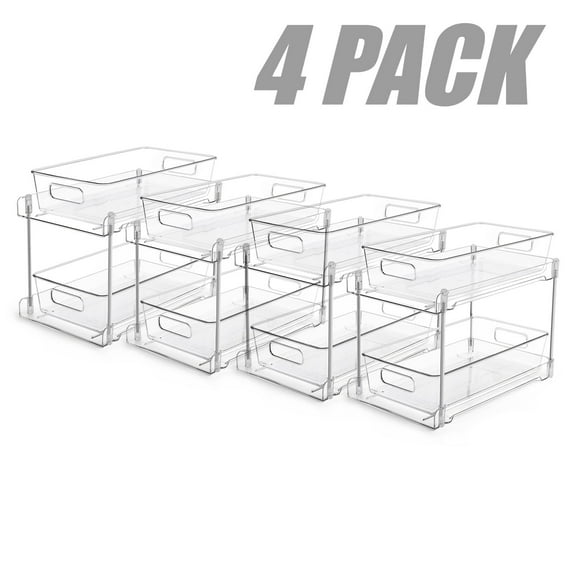 4 Pack Bathroom Storage Organizer, Clear Under Sink Organizers Kitchen Vanity Counter Storage Container, Medicine Cabinet Drawers Bins, Pull-Out Organization with Track for Pantry