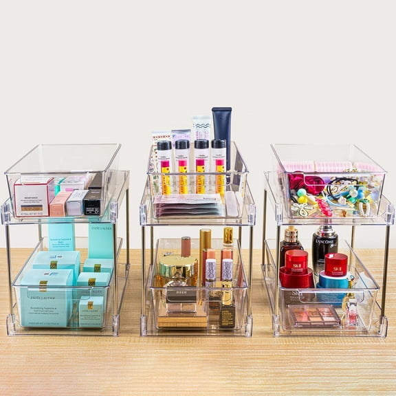 4 Pack 2-Tier Under Sink Organizer - Clear Stackable Storage for Kitchen, Bathroom, Vanity & Medicine Cabinet