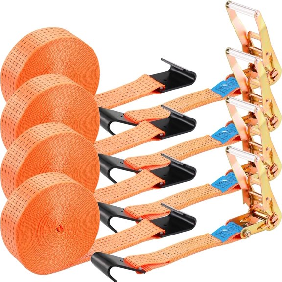 4 Pack 2 in x 27 FT Flat Hook Ratchet Straps (11,000 lbs Break Strength), Heavy Duty Tie Down Straps for (Orange)