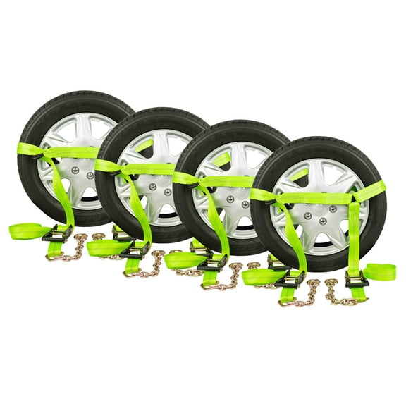 (4 Pack) 2" x 10' Car Tie Down Lasso Ratchet Strap with Chain Anchor & Double Ratchet - High Viz Green Tire Straps for Car Trailer - Wheel Straps for Hauling Cars