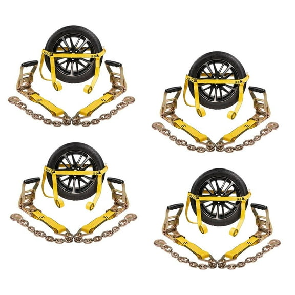 4 Pack 2" x 10' Car Tire Tie Down Straps for Trailers w/ Chain Anchors and Double Ratchets - 3,300 lbs WLL Heavy Duty Side Mount Wheel Net for Vehicle, Yellow
