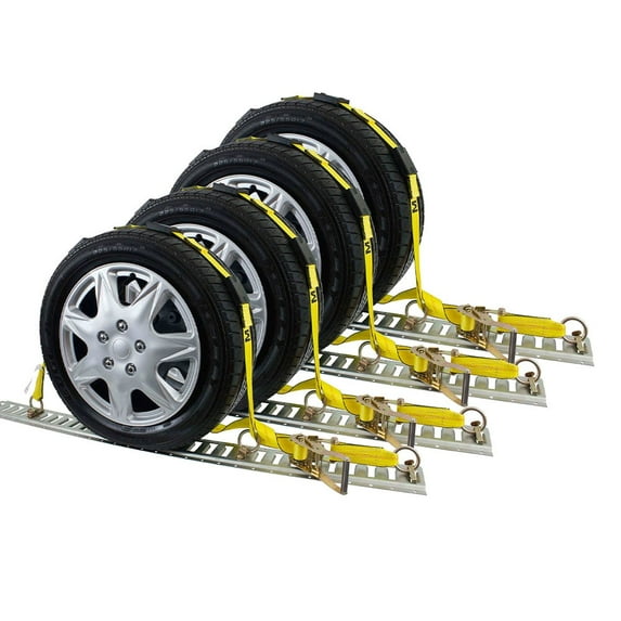 (4 Pack) 2" x 10' E Track Tire Straps - Over The Tire Car Hauler Ratchet Wheel Straps with E-Track Fittings - Car Trailer Tie Down Vehicle Auto Tie Down