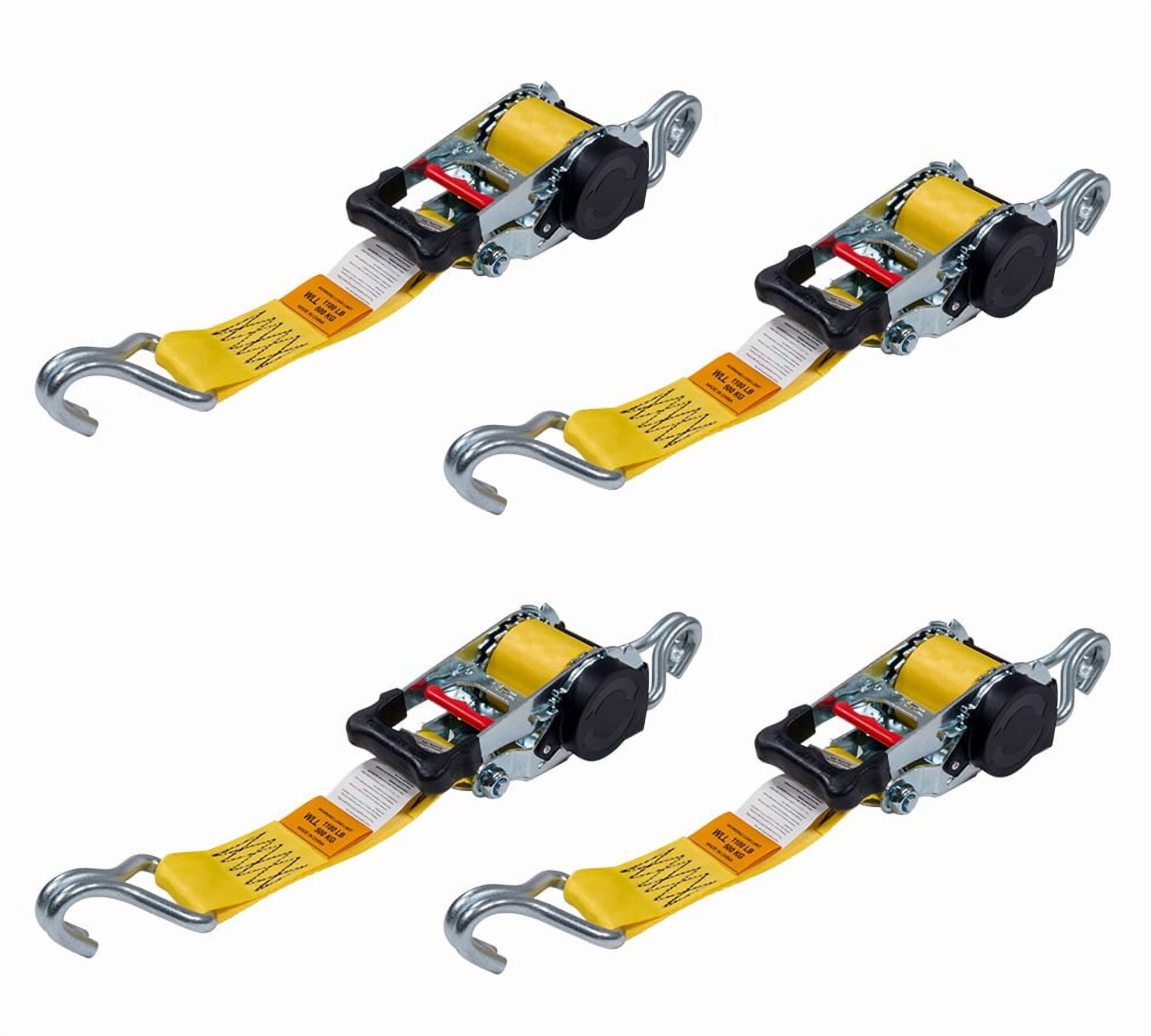 4 Pack 2" x 10' Retractable Ratchet Straps with Double J-Hook - 3,300 lbs Breaking Strength - Yellow Auto Retract Ratchet Tie Down Strap for Motorcycles, ATVs, Bikes, Boat Trailer