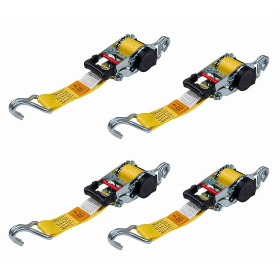 4 Pack 2" x 10' Retractable Ratchet Straps with Double J-Hook - 3,300 lbs Breaking Strength - Yellow Auto Retract Ratchet Tie Down Strap for Motorcycles, ATVs, Bikes, Boat Trailer