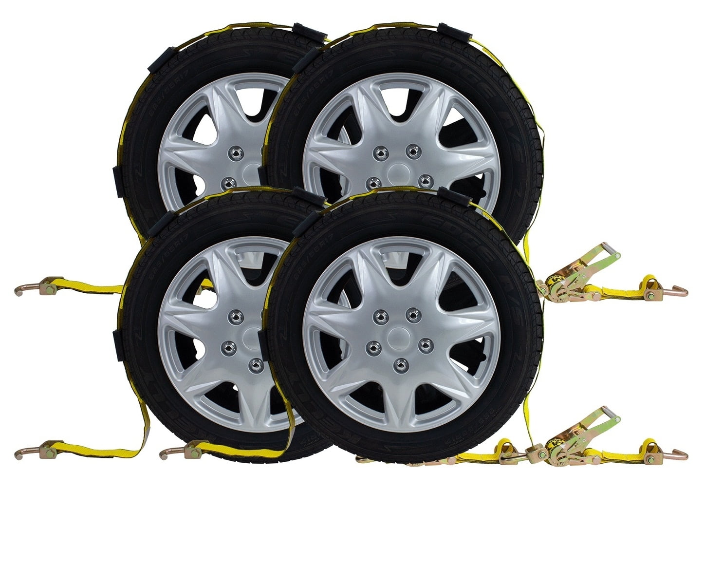 (4 Pack) 2" x 12' Over The Tire Car Hauler Ratchet Straps with Swivel J Hooks and Rubber Blocks - Car Tie Down Wheel Straps Truck Trailer Auto Tie Down