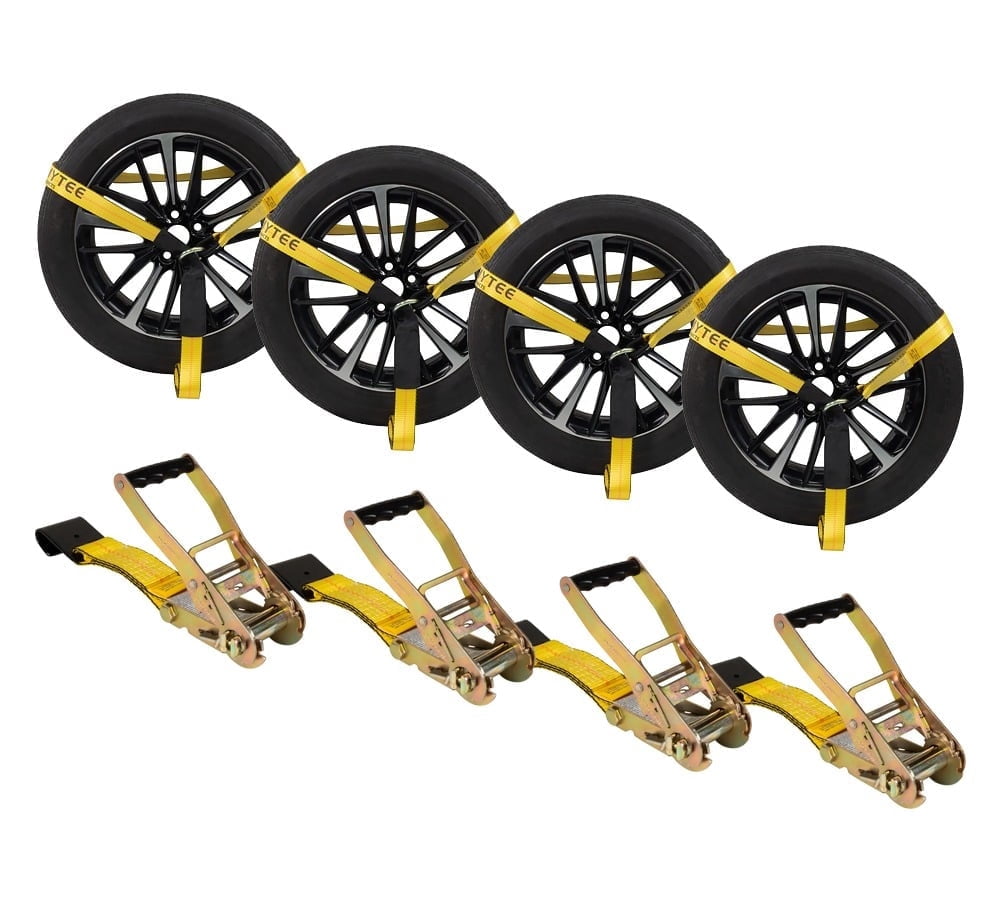 (4 Pack) 2" x 120" Car Tie Down Straps for Trailer with Flat Hook - 3333 LB WLL Lasso Style Tire Straps for Car Trailer with Ratchets - Vehicle Tie Down Wheel Straps for Hauling Cars