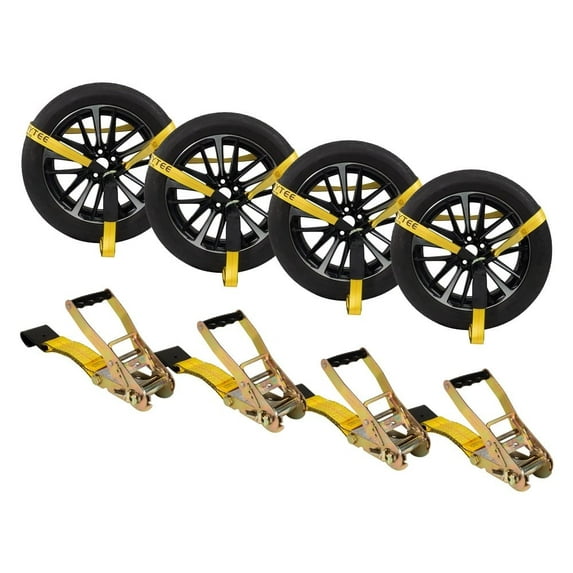 (4 Pack) 2" x 120" Car Tie Down Straps for Trailer with Flat Hook - 3333 LB WLL Lasso Style Tire Straps for Car Trailer with Ratchets - Vehicle Tie Down Wheel Straps for Hauling Cars