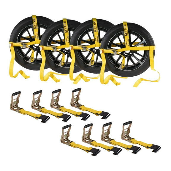 4 Pack 2" x 120" Yellow Side Mount Wheel Tie Down Strap with Flat Hook & Dual Ratchet – 3,333 lbs WLL Wheel Net Fits 14–17" Tires, Heavy Duty Vehicle Tie Down Strap for Car Hauling