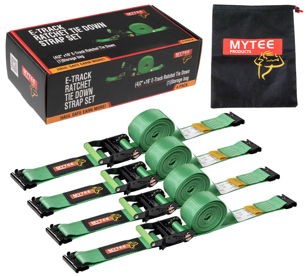 4 Pack 2" x 16' Green E-Track Ratchet Tie Down Straps, 1,500 lbs WLL, 4,500 lbs BS, Spring-Loaded Double Stud E-Fittings for Enclosed Trailers & Trucks, Padded Handles & Storage Bag