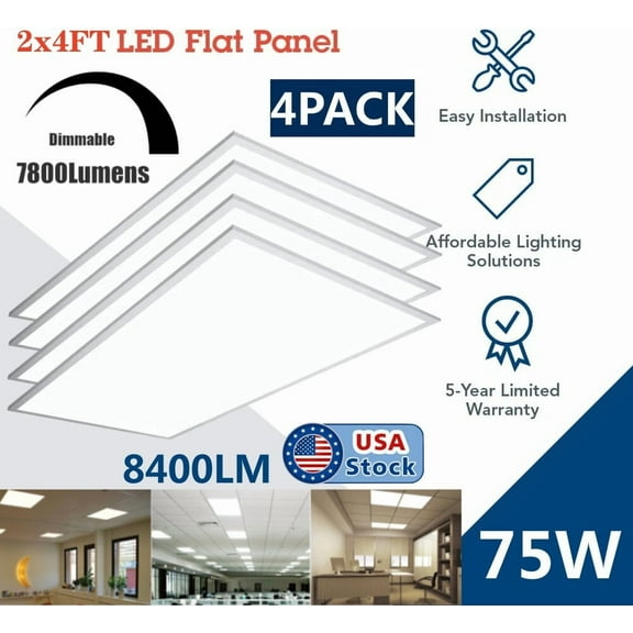(4 Pack) 2' x 4' LED Flat Panel Light | Troffer Lights, 75W Drop Ceiling Lights
