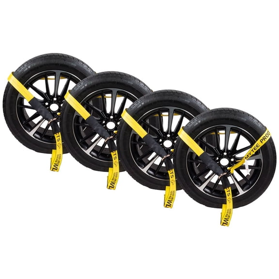 4 Pack 2" x 8' Tire Lasso Tie Down Strap with Steel O-Ring & Cordura Sleeve - HI-VIZ Yellow Wheel Lift Strap for Car Haulers, Auto Transport & Vehicle Towing, 3,333 lbs WLL
