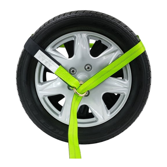 (4 Pack 2" x12' Winch Lasso Strap with O Ring, Safety High Viz Green Webbing, Cordura Sleeves - Car Tie Down Tire Straps for Trailers Auto Tow Car Hauler Wheel Net