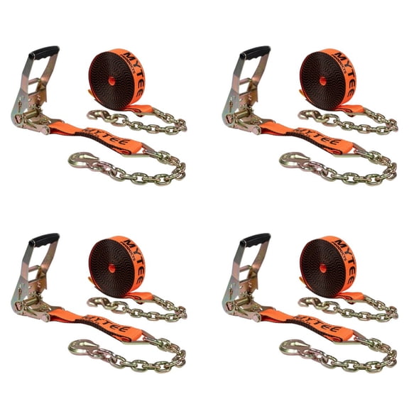 4 Pack 2"x30' Orange Ratchet Strap with Chain Anchor - 4000 Lbs WLL High Abrasion Heavy Duty Tie Down Cargo Truck Straps with Chan Anchor for Flatbed, Truck, Trailers, Pickup