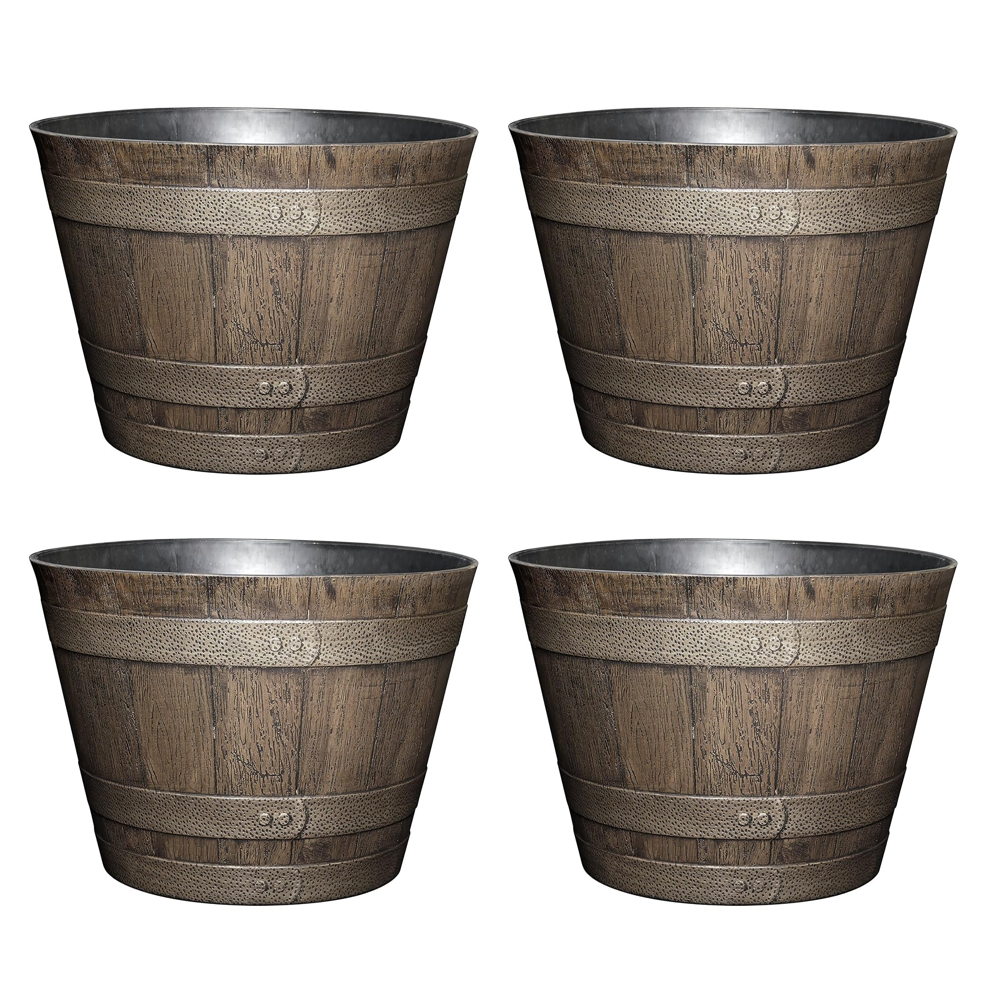 4 Pack, 20.5" Whiskey Plastic Resin Flower Pot Barrel Planter, Oak