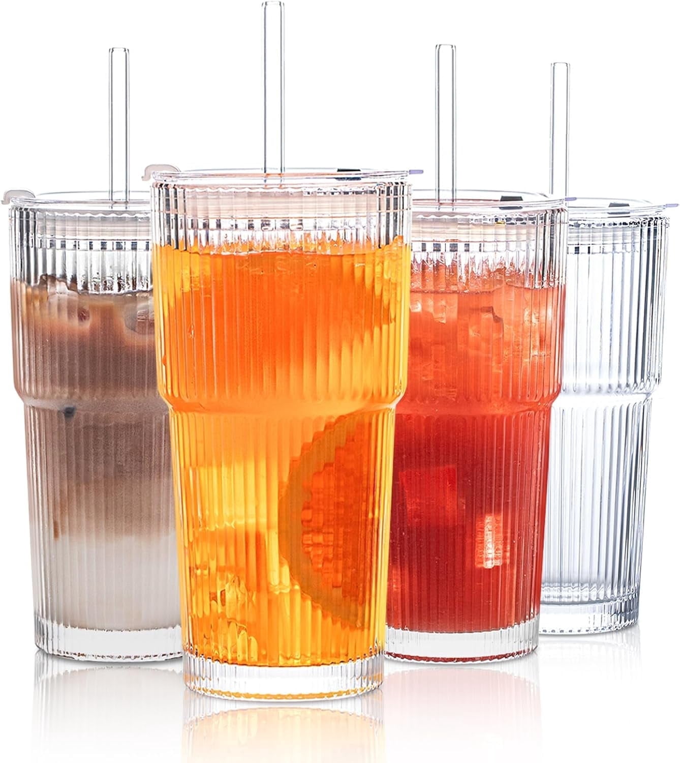 4 Pack 20 Oz Ribbed Glass Tumblers with Lids and Glass Straws, Thickened Glass, Ideal for Iced Coffee, Smoothies, Cocktails and Juices – Elegant and Durable Drinkware - Walmart.com