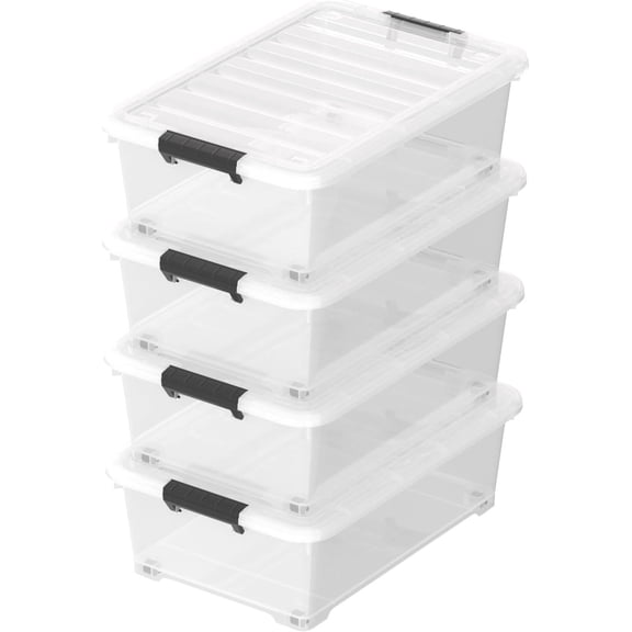 4-Pack 20 Qt Under Bed Storage Box, Plastic Bin with Wheels & Lid | Clear Wheeled Underbed Organizer Containers for Clothes, Blankets, Shoes - Space Saving & Stackable