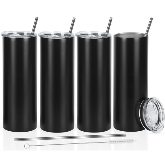 4 Pack 20 oz Skinny Straight Tumbler Bulk, Stainless Steel Double Wall Insulated Tumblers with Lids and Straws, 20 oz Slim Travel Cup for Drinks Coffee Water, Diy Gift Tumbler, Black