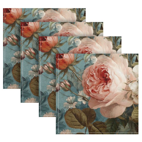 4 Pack 20'' x20" Satin Table Napkins Dinner Napkins for wedding Party Decoration events Vintage Roses and Peonies