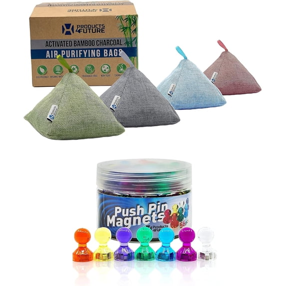 4 Pack of 200g Naturally Activated Air Purifying Bags & 56 Colorful Push Pin Magnets | Natural Home Deodorizer Bags | 7 Assorted Color Strong Magnetic Push Pins | Organic, Eco Friendly