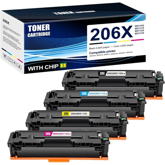 4-Pack 206X W2110X W2111X W2112X W2113X Whit chip Toner Cartridge: Compatible 206X Replacement for HP M255nw M255dw M255dn M282nw M283fdn M283fdw M283cdw M255-M256 Series Printer