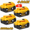 thumbnail image 1 of 4-Pack 20V 8.0Ah Lithium-Ion Battery Replacement - Compatible with DCB200/201/206/210 - 8000mAh High Capacity, LED Power Indicator - for 20V Cordless Tools, 1 of 8