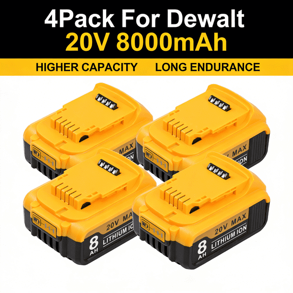 4-Pack 20V 8.0Ah Lithium-Ion Battery Replacement - Compatible with DCB200/201/206/210 - High Capacity, LED Power Indicator - for 20V Cordless Tools