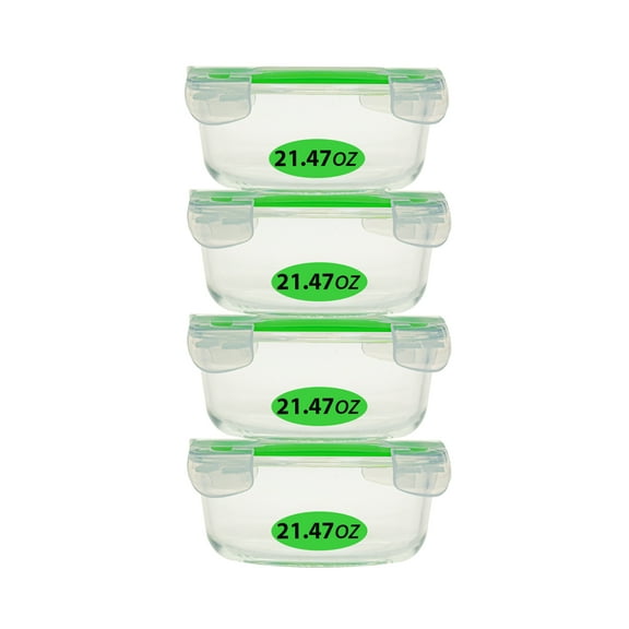 4 Pack, 21.4 oz Borosilicate Glass Food Container Snap & Close Mr. Handy Brand Name