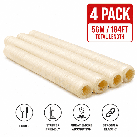 4-Pack 21mm Edible Collagen Sausage Casings (56m / 184ft Total), Dry Sausage Skins for Breakfast Links, Hot Dogs & Pork Sausages