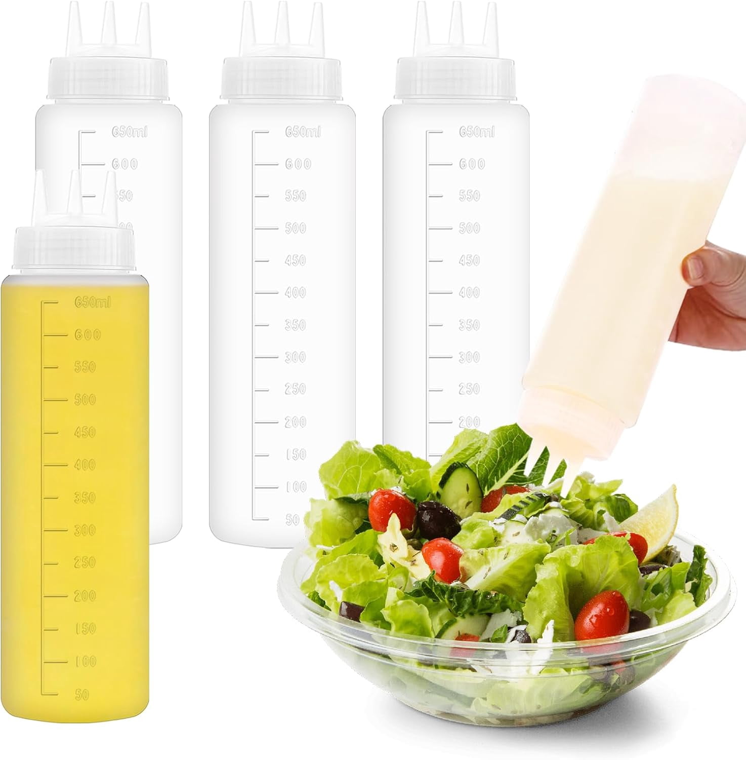 4-Pack 23oz Plastic Squeeze Bottles, Condiment Squirt Bottles Refillable Sauce Dispensers with 3-Hole Nozzle for Ketchup, Syrup, Dressing, Oil, Honey