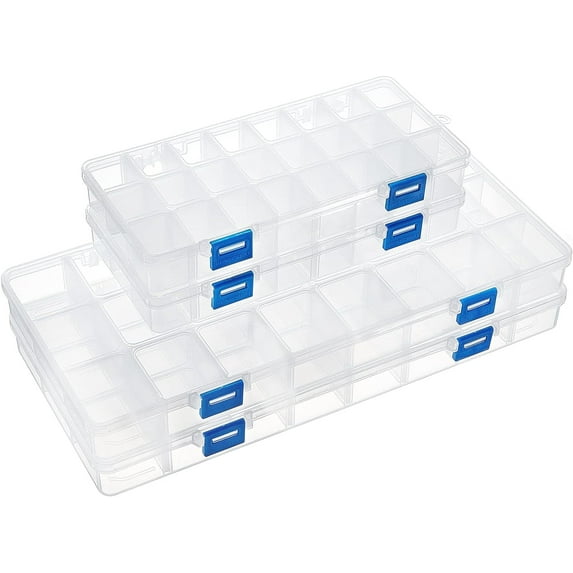 4 Pack 24 Grids Plastic Storage Box Jewellery Boxes with Adjustable Dividers Hook Design Large Clear Plastic Bead Earring Storage Container(2 Mixed Size)