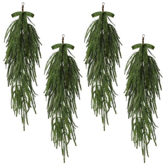 4 Pack 24 Inch Christmas Teardrop Wreaths with Rustic Velvet Ribbon Bow, Artificial Greenery Door Wall Decor for Porch Mantel Holiday Decoration