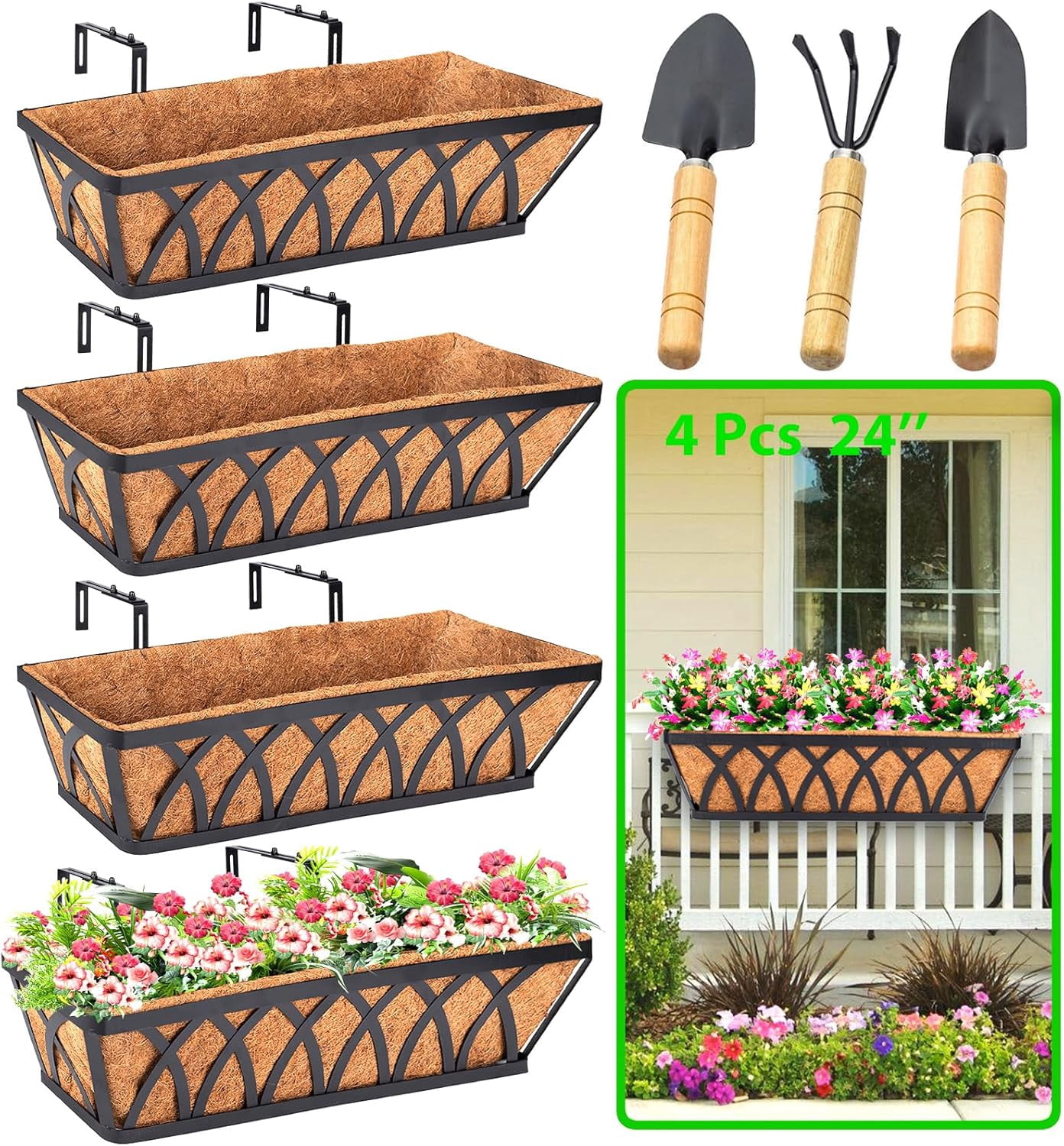4 Pack 24 Inch Deck Balcony Railing Planter Window Boxes with Coconut Coir Liner, Fence Metal Hanging Flower Planter Basket for Outdoor Lawn