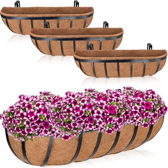 4 Pack 24 Inch Railing Planter Box, Metal Window Boxes with Coco Liners for Railing, Hanging Flower Boxes for Deck Porch Balcony & Fence Outdoor Indoor Lawn