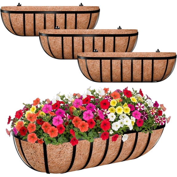 4 Pack 24 Inch Railing Planter Box, Metal Window Boxes with Coco Liners for Railing, Hanging Flower Deck Porch Balcony & Fence Outdoor Indoor Lawn